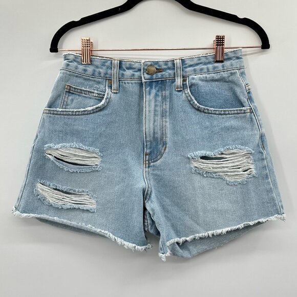 Billabong Light Wash High Rise Mom Distressed Raw Fringe Hem Jean Shorts 26 - Picture 1 of 6